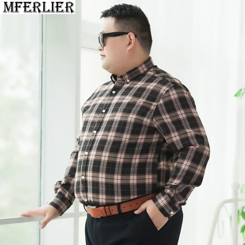 

autumn spring winter men plaid shirts long sleeve high-quality cotton shirt plus size 12XL 10XL 78 76 74 72 70 shirt pockets