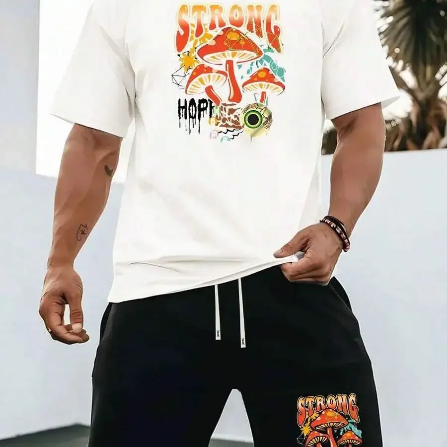 

Mens Summer Print Two-Piece Set: Crew Neck Short Sleeve Tee And Drawstring Shorts, Knit Fabric, Outdoor Wear