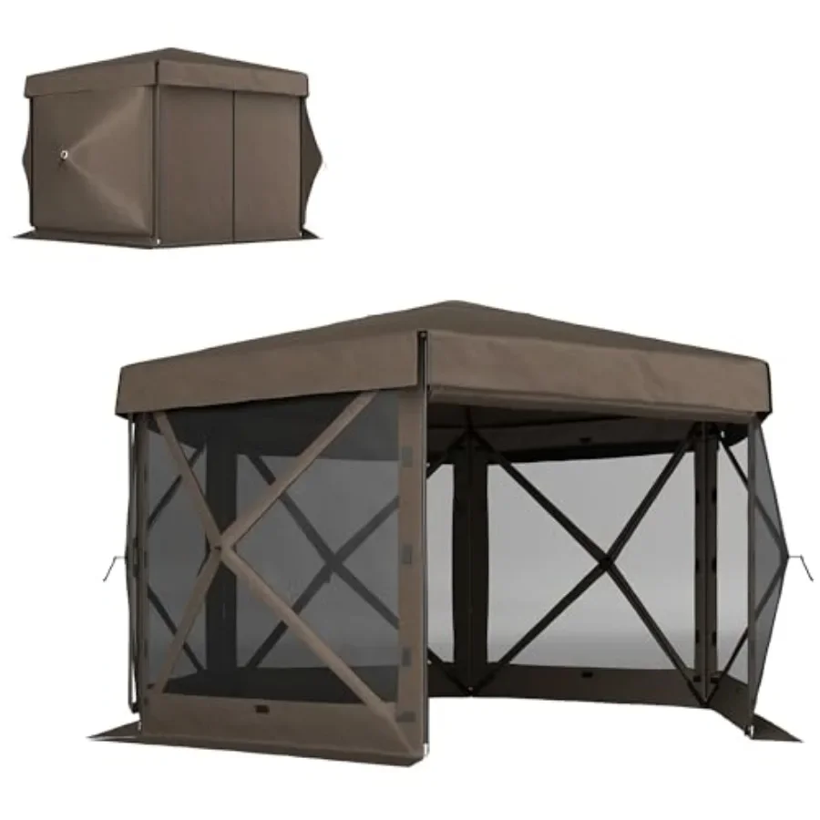 12' x 12' Hexagonal Pop Up Gazebo Tent Waterproof Brown