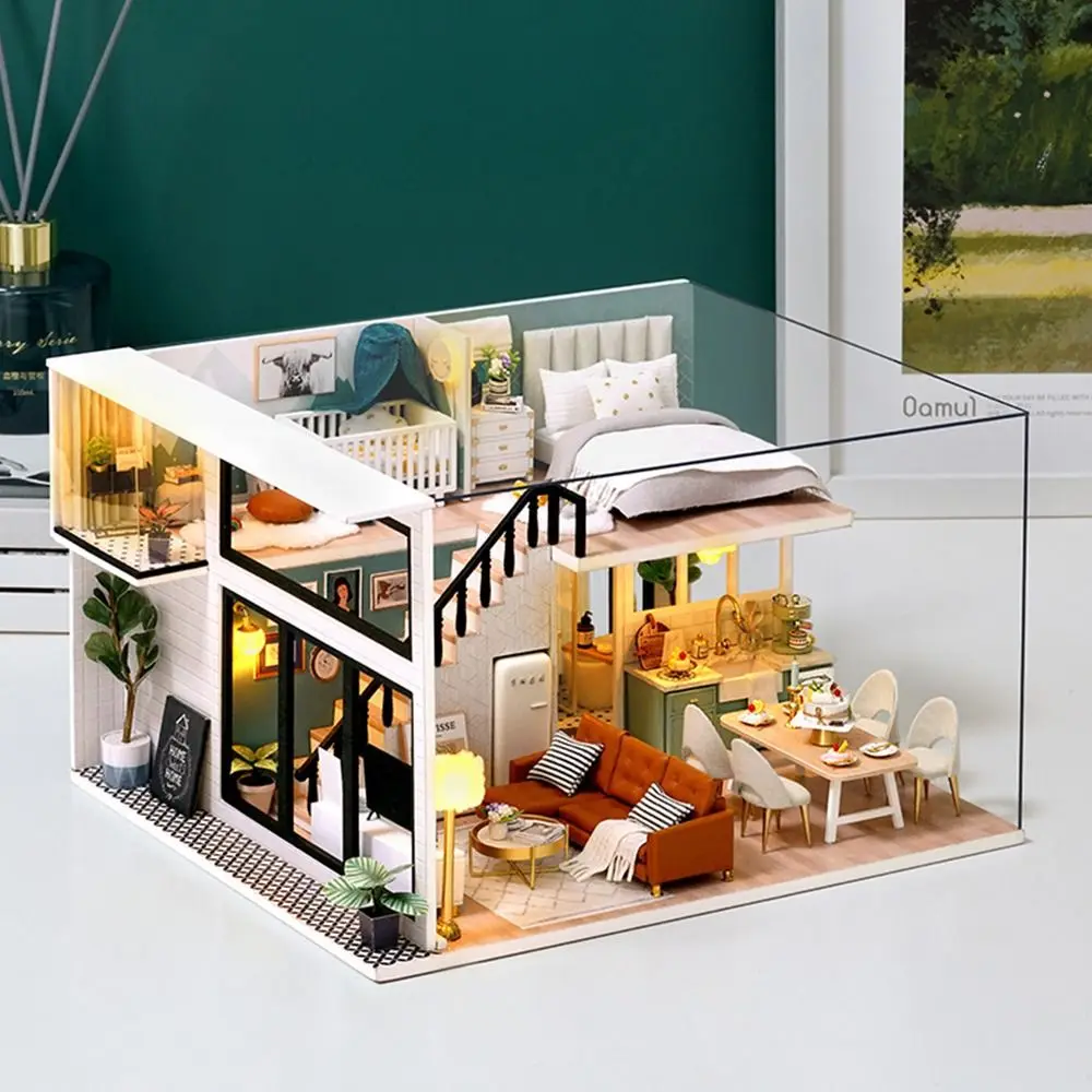 Trendy 3D Doll House Kit Wooden Cozy Villa House Building with Furniture Loft Handmade Assembly Toy Mini Doll House Model