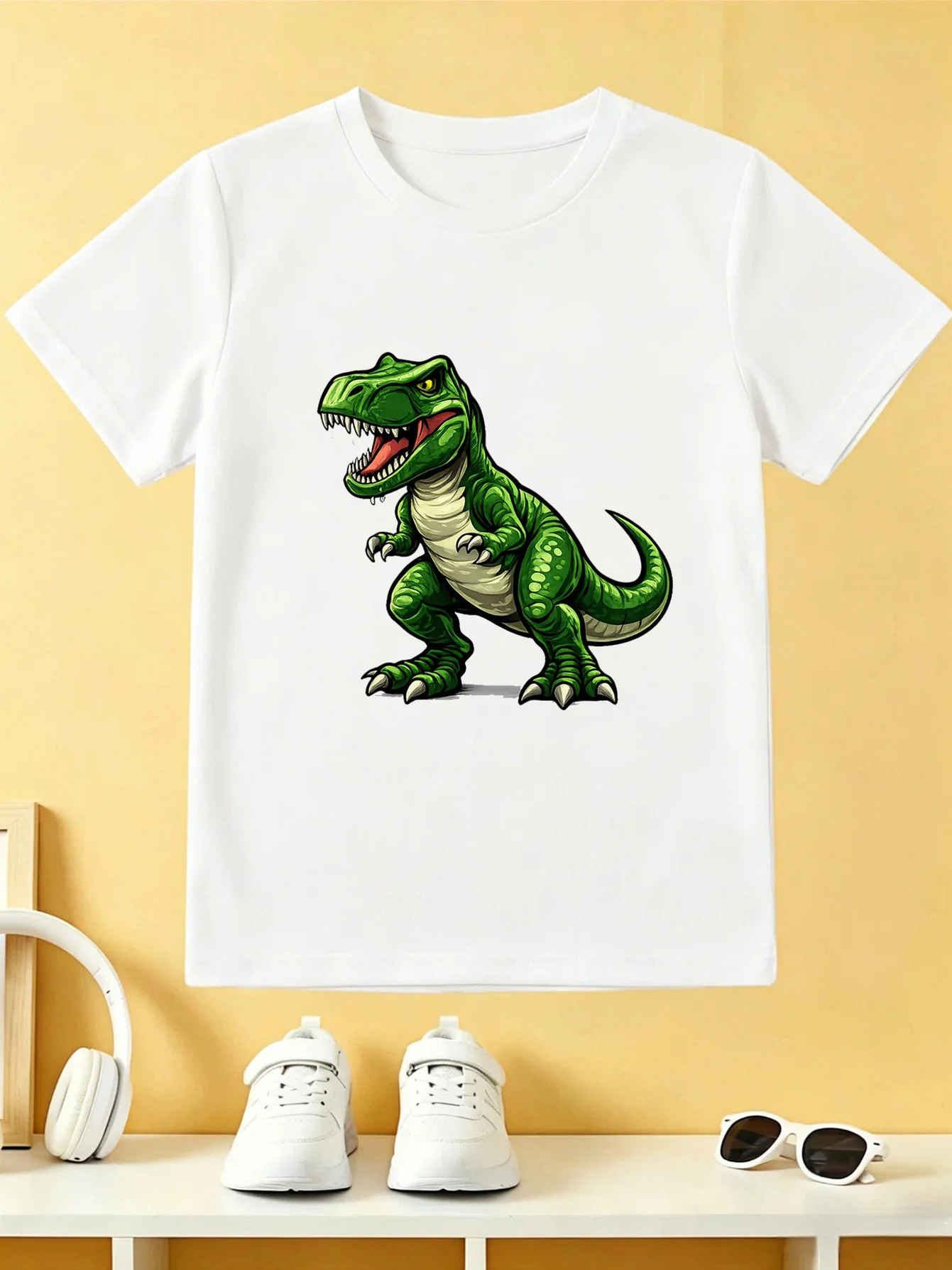 Cartoon Green T Rex Dinosaur Kids Tee Ferocious Prehistoric Animal Graphic Print Boys Girls Family Matching Cotton Short Tshirt