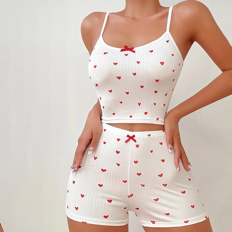 Conjunto de pijama con estampado de corazón para mujer, tirantes con lazo, Sexy, Ocio en casa