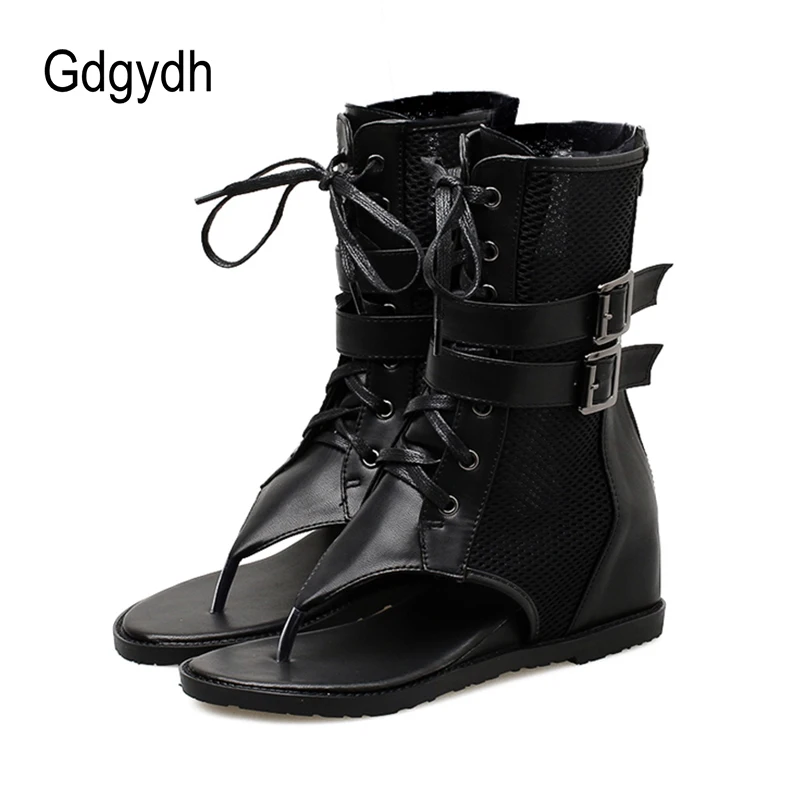 Gdgydh Summer High Top Sandals for Women Lace Up Japanese Fashion Shoes Girls Versatile Roman Sandals Soft Leather Increasing