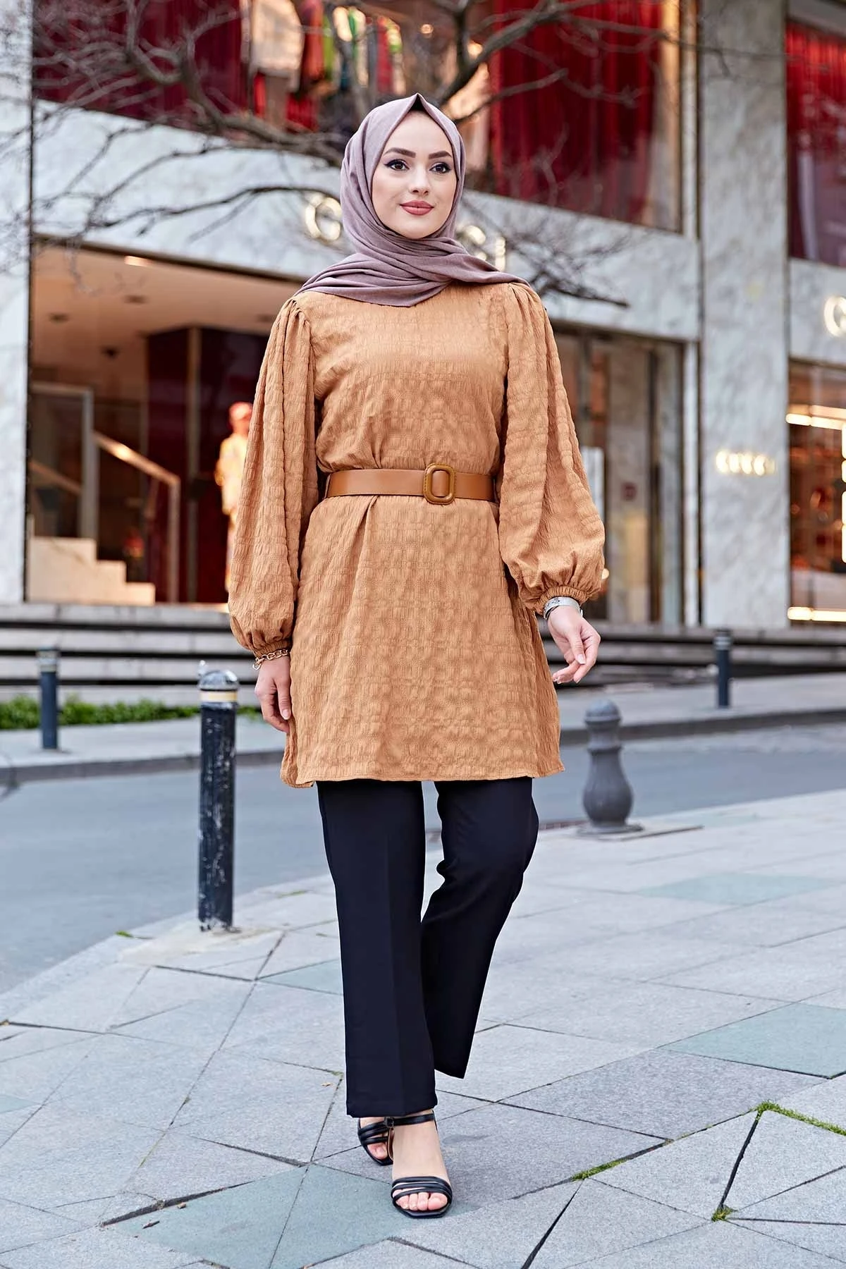 Kemerli Börümcük Tunik TH- Camel