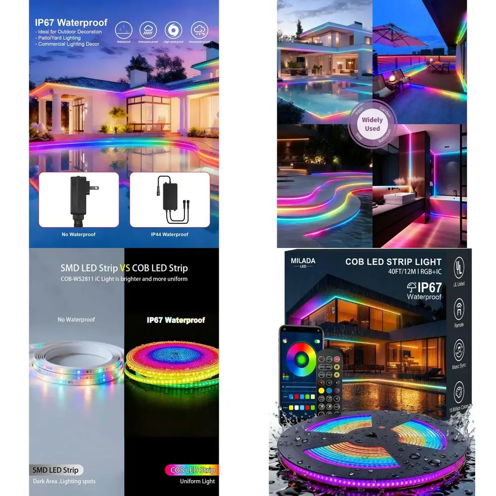 

Светодиодная лента RGB 40 футов (12 м), с интеллектуальным контроллером, водонепроницаемая IP67, с регулировкой яркости, изменением цвета, синхронизацией с приложением и музыкой, идеально подходит для использования на улице