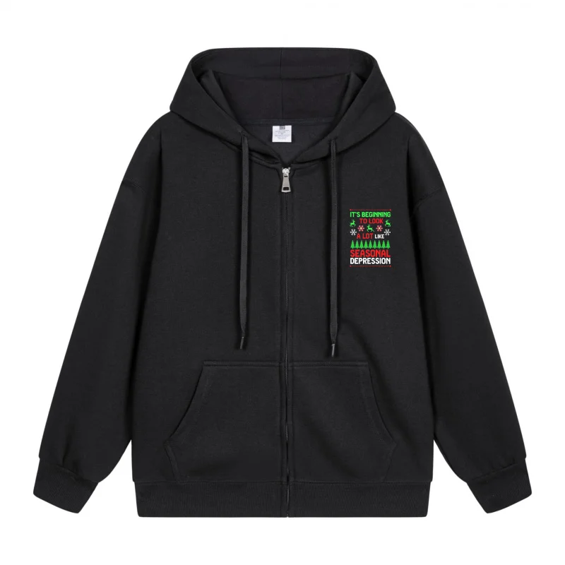 

Men's Zip-Up Hoodie Black Hoodie Black Hoodie With Colorful Text And Design Pattern Christmas in 2025 Festive Print