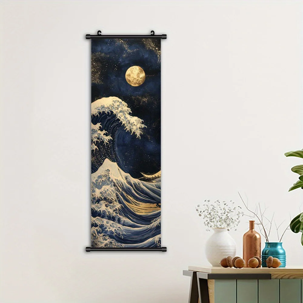 VIKAMA Japanese Anime Starry Night Wave Scroll Canvas Art Framed Home Decor Living Room Bedroom Dorm Christmas Halloween