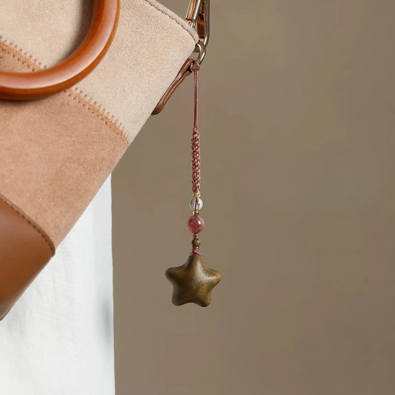 Natural Green Sandalwood Carved Lucky Star Charm Phone Pendant Keychain Bag Charm USB Drive Ornament Car Hanger Gifts