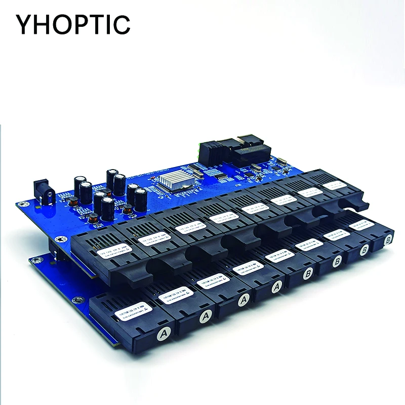 Single Mode Fiber Optic Convertor, PCBA Board, 8 Fiber Optic Ports, 2 RJ45 Port, 0-20KM, 1310/1550