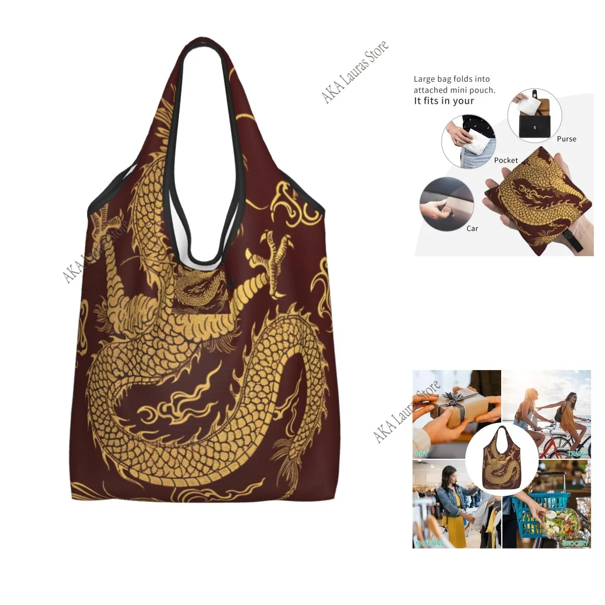 Shopping Bags Women Portable Dragon Snapback Big Capacity Grocery Shopper Tote Bags
