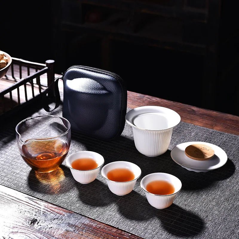 White Porcelain Quick Sheep Fat Jade, Portable Outdoor Travel Tea Set with One Pot and Three Cups