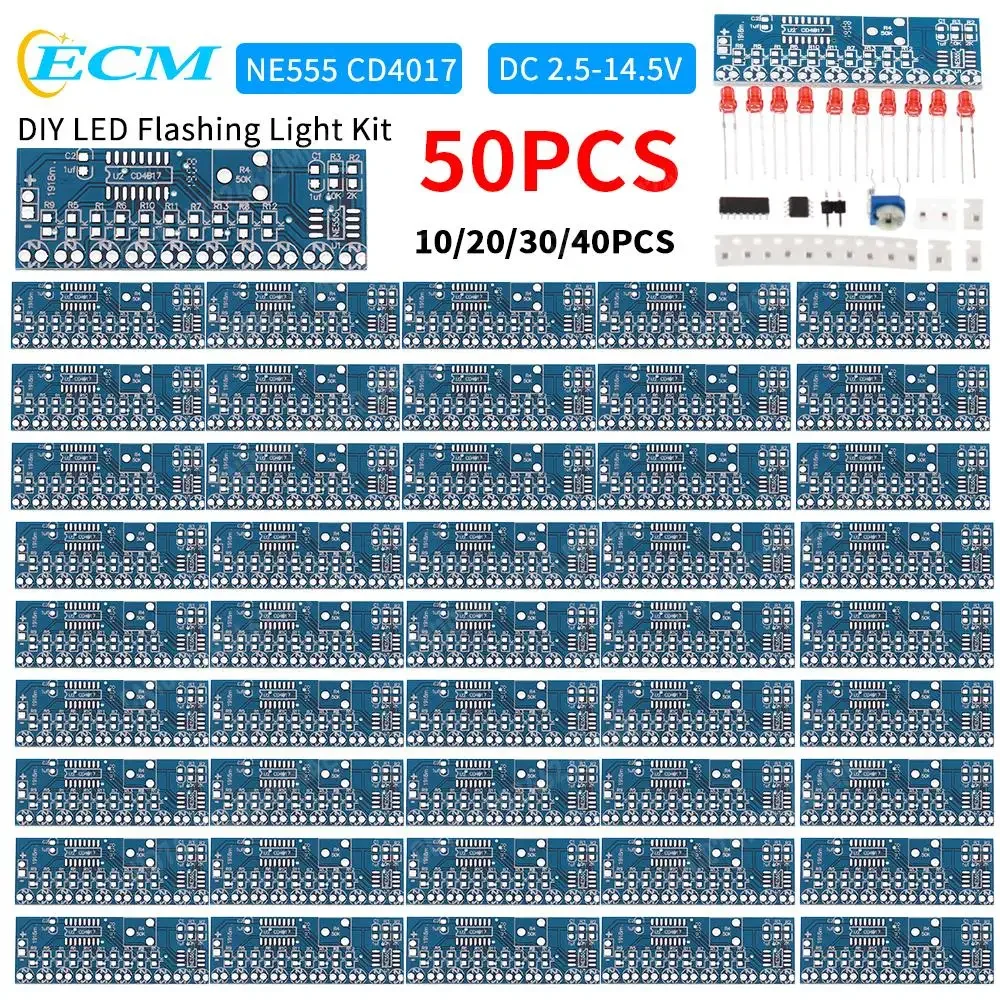 50PCS-5 NE555 +CD4017 Red LED Flashing Light DIY Kit SMD Soldering Practice Suite LED Water Flowing Effect DC 2.5-14.5V 1.6mm