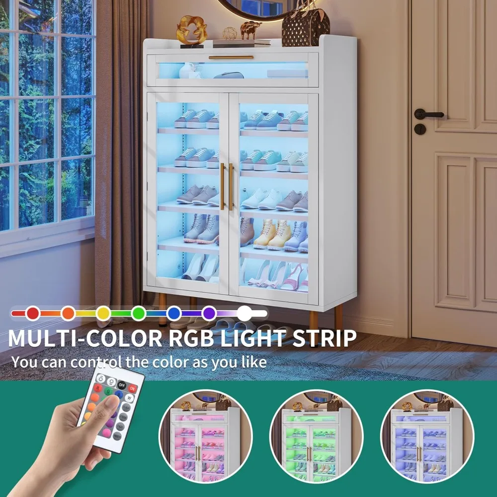 خزانة أحذية خشبية حديثة مع درج وأضواء LED، منظم أحذية ضيق قائم بذاته لتخزين المدخل