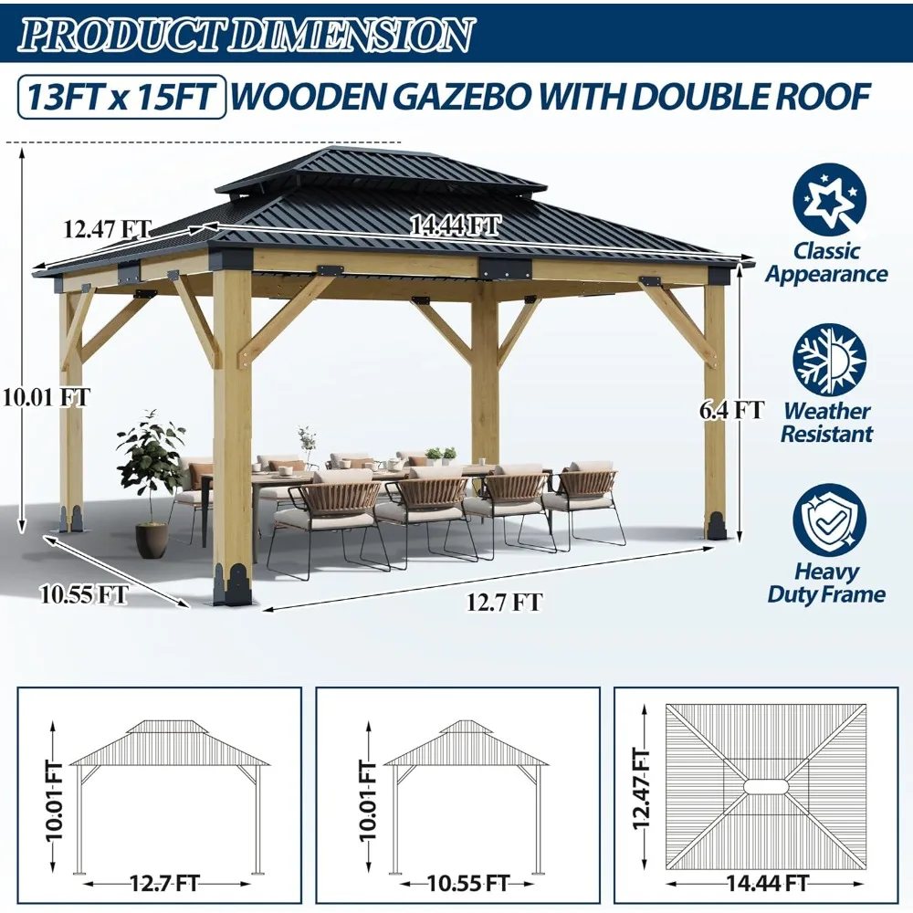 13FT x 15FT Outdoor Cedar Wooden Gazebo - Patio Wood Frame Gazebo with Galvanized Steel Hardtop, Heavy-Duty Hardtop Gazebos