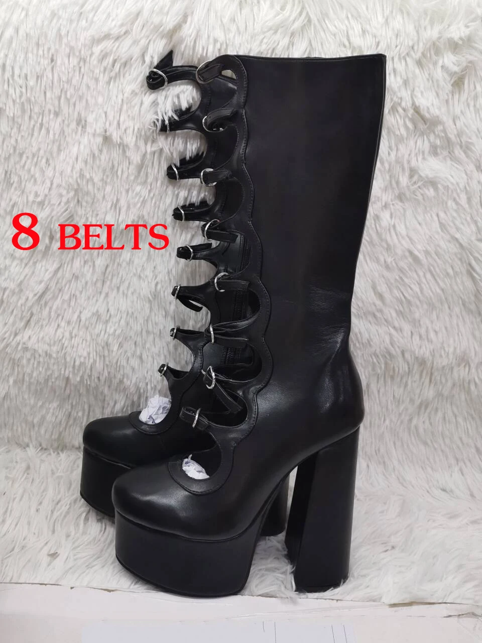 Pink Satin Hollow Belt Buckle Platform Lolita Boots Woman Princess Black Lace Satin Chunky Heel Knee Booties Bright Leather Shoe