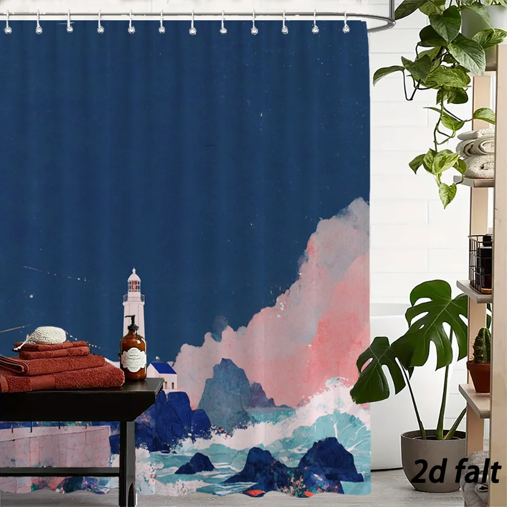 Vibrant Coastal Lighthouse Scene Shower Curtain - Nautical Beach Sunset Ocean View Bathroom Decor