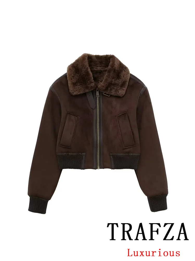 

TRAFZA Vintage Casual Chic Women Thick Jackets Solid Turn-down Collar Pockets Short Fur Coats Fashion 2024 Autumn Winter Jackets