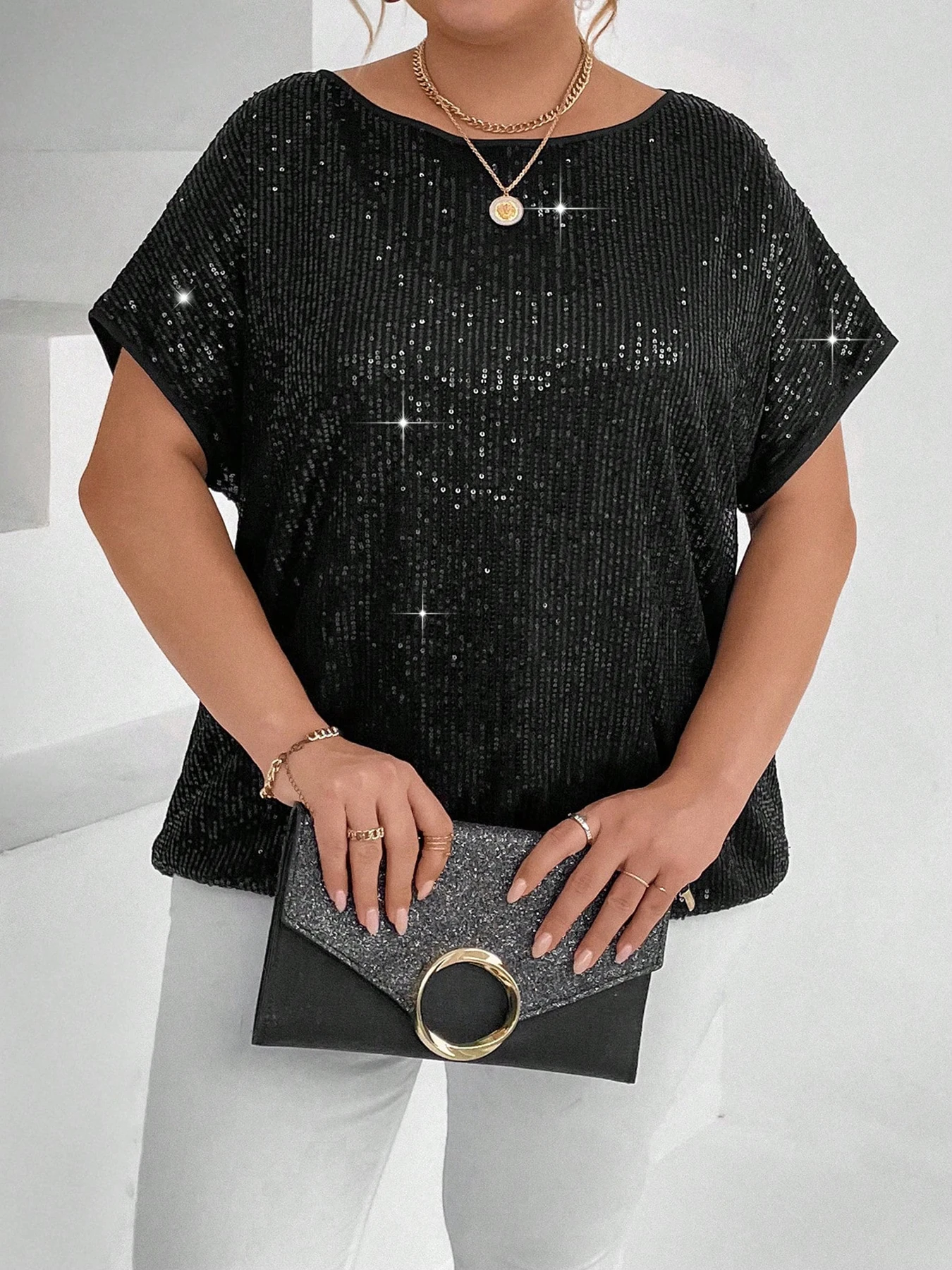 Plus Size Women All Over Sequin Blouse Boat Neck Dolman Short Sleeve Loose Hide Belly Glitter Sparkly Tunic Top Evening Party Cl