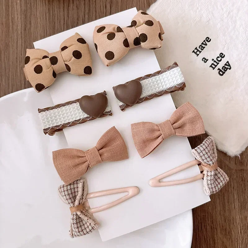 8pcs/set Cute Fashion Kids Girl Hair Clip Beige Coffee Color Floral Bow Hair Tie Fabric Hair Pin Baby Girl Hair Accessories