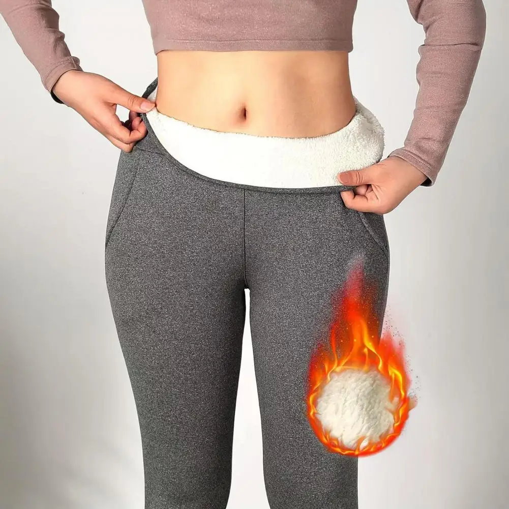 High Waist Butt Lifting Leggings Women’s High Waist Leggings with Pockets Thickened Plush Lining Warm Pants Solid Color Tight