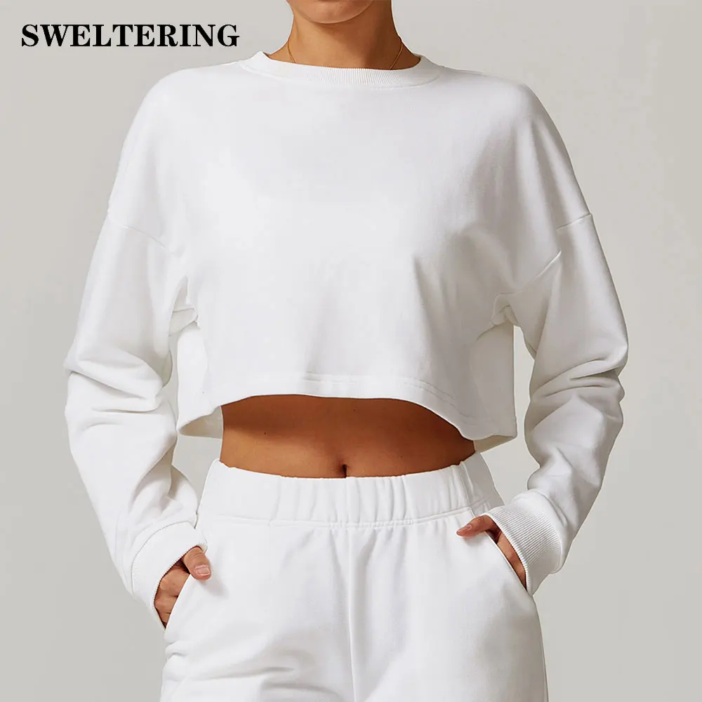 

New Winter Round Neck Sweatshirt for Women Long Sleeved Running Loose Long Sleeved Women's T-shirt Short Fitness Top