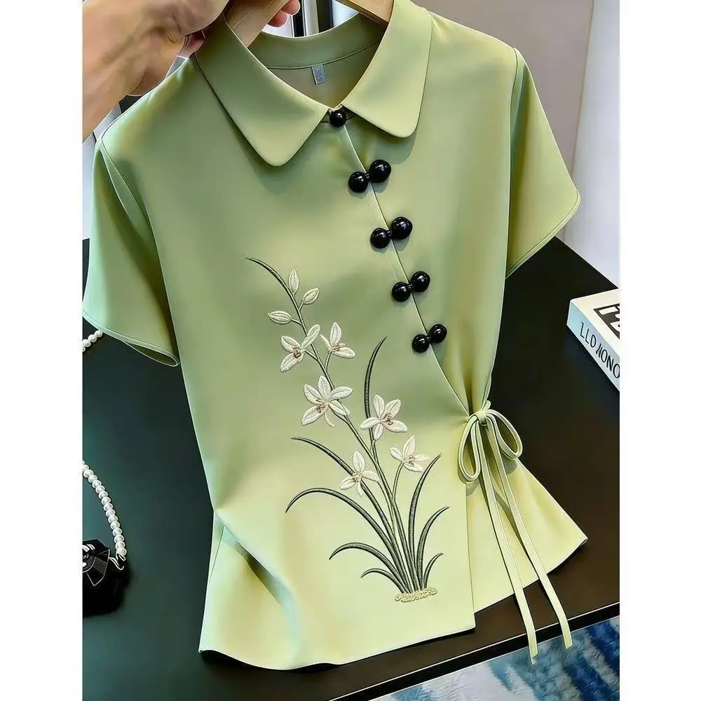Chemisier à manches courtes pour femmes, col rabattu, style chinois, avec lacets et boutons, nouvelle collection été 2026