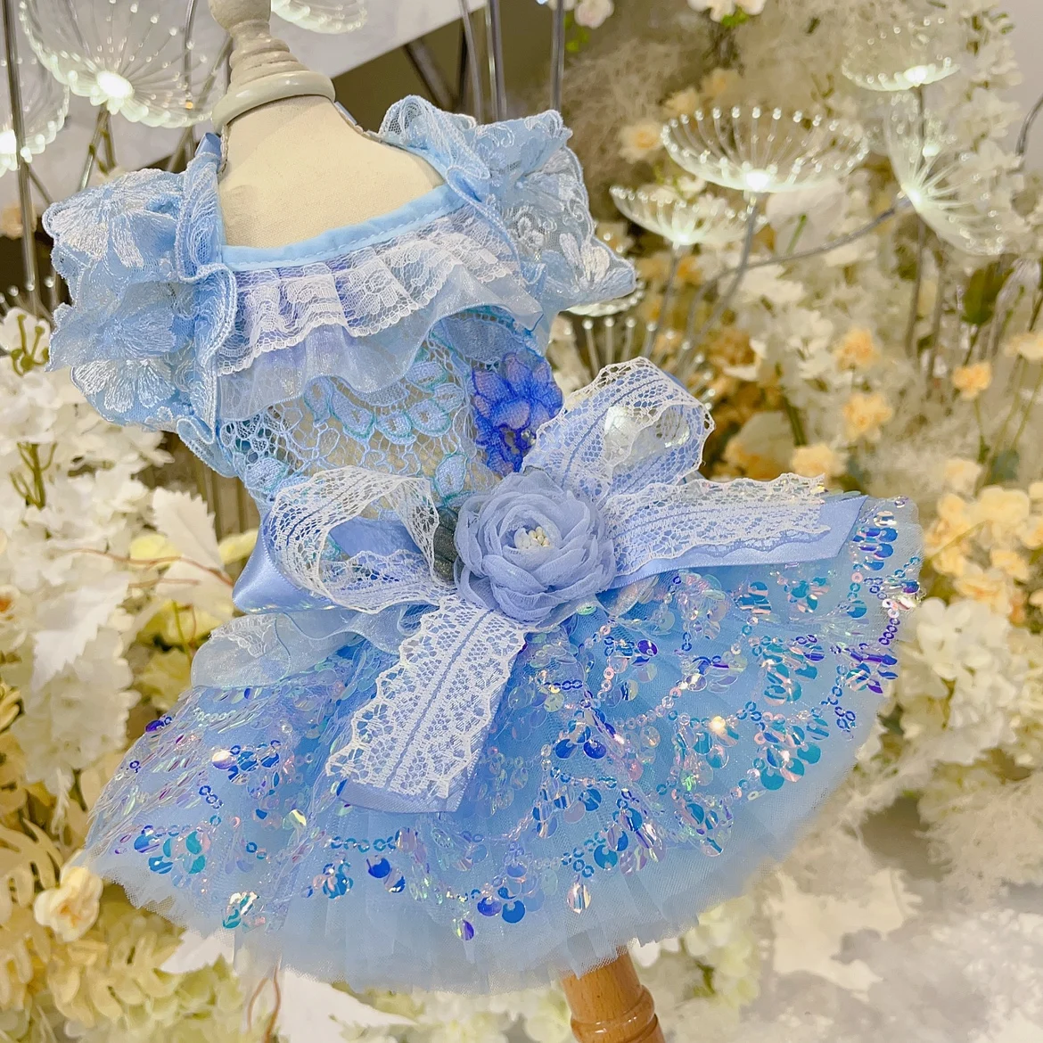 Summer New Pet Dog Clothes Blue Sea Hollow Lace Flower Bow Princess Dress For Small Medium Fashion Luxury Party Skirts Puppy Dog