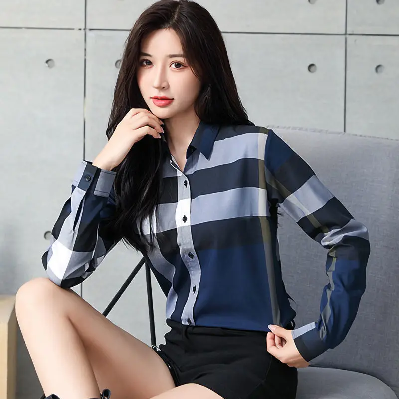 Premium Blue Spring Autumn Checked Shirt Women\'s Long Sleeve Korean New Style Inside And Outside Matching Loose Bottom Shirt