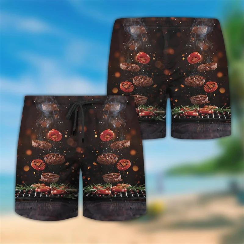 Calção de praia com estampa 3D masculina, comida de bife, churrasco, calça curta, roupas havaianas grelhando, calção deliciosa, calça menino