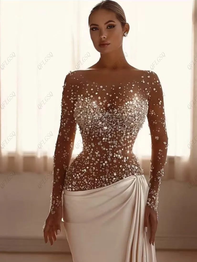 ชุดราตรีงานพรอมประดับลูกปัดแบบไฮคูตูร์ สีไอวอรี่ แขนยาว ชุดแต่งงาน ชุดงานเลี้ยง ผ้าซาติน ยาว โปร่งแสง ชุดเดรสออกงานสำหรับผู้หญิง