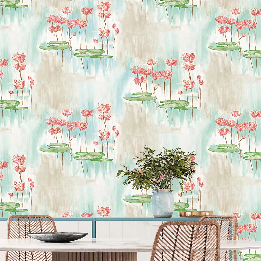 3D Rural Style Lotus Wallpaper Waterproof Pvc Living Room Bedroom Background Wall Mural Lotus Leaves Wallpaper