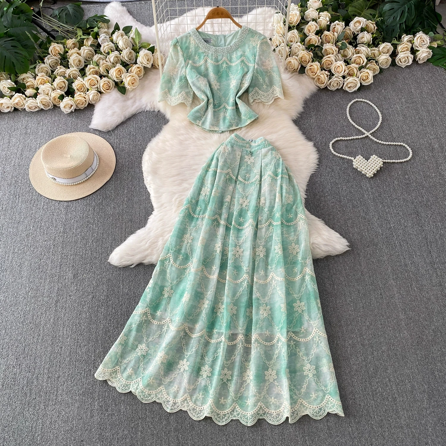 Vintage Boho Floral Crochet Lace Two Piece Set Women Short Sleeve Beaded Crop Top High Waist Long Skirt Suit Summer Beach Outfit