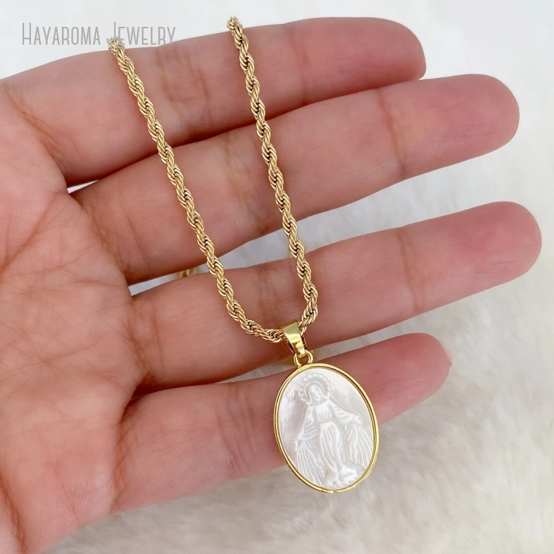 10Pcs Mother Of Pearl Miraculous Medal Necklace Religious Jewelry Catholic Gifts Mother Mary Necklace Virgin Mary Necklace