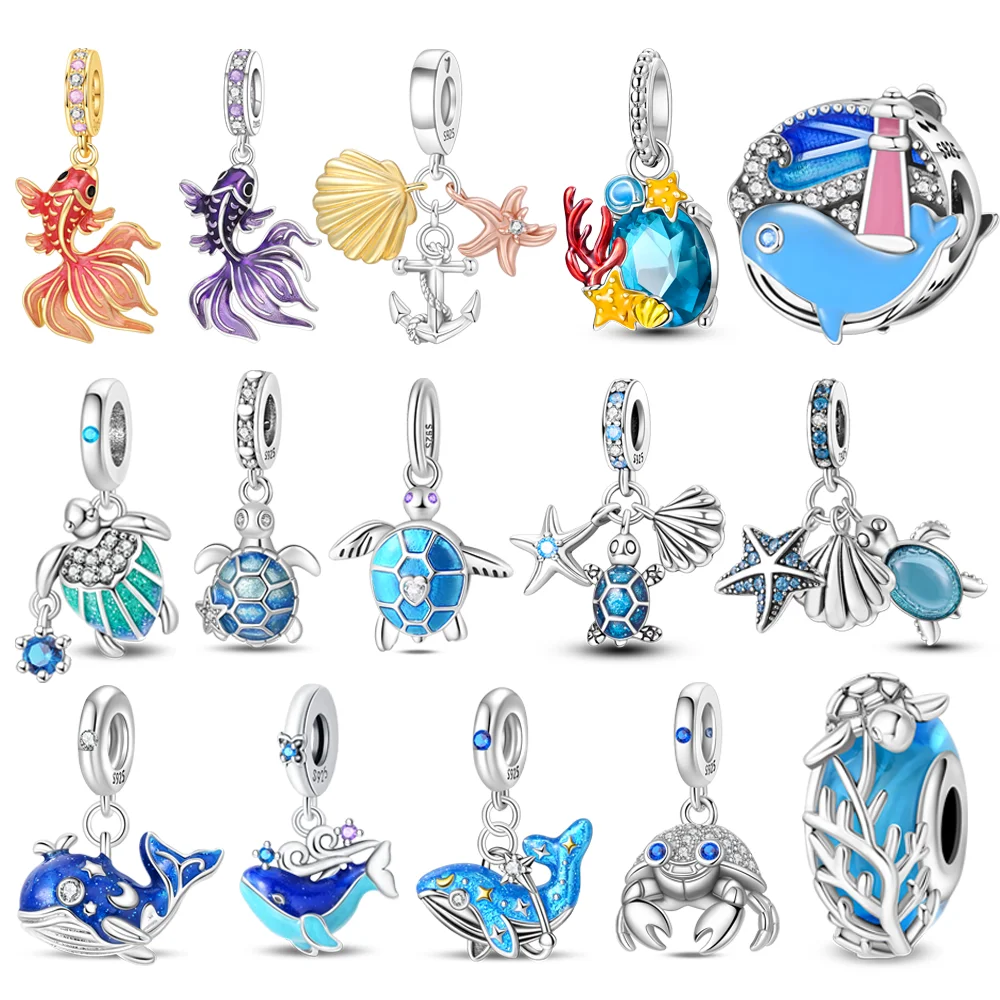 Original S925 Silber Ozean-Charms Leuchtende Schildkröte Meerjungfrau Seestern Oktopus Zirkon-Perlen für DIY Armband Damen Sommer-Schmuck