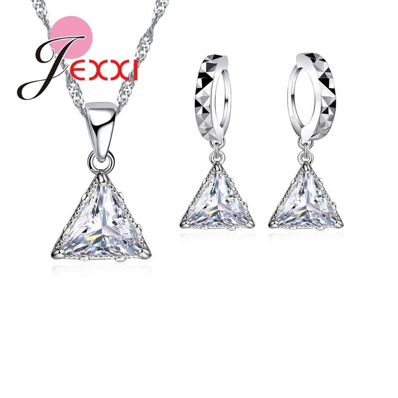 Charm Women Bijouterie Sets Triangle Shape 925 Sterling Silver Necklace Earrings Simple Jewelry Pendant Set
