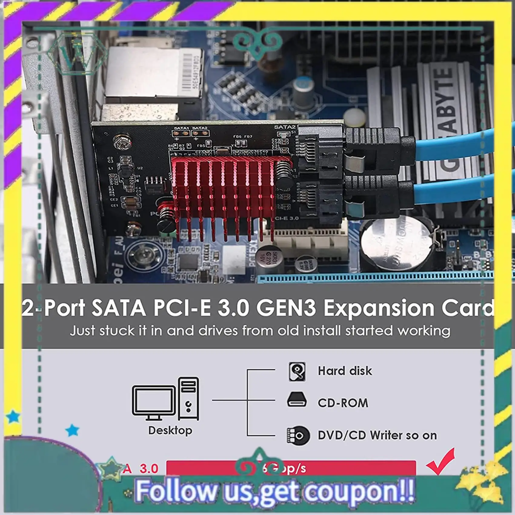 

NEW Pcie To 2 Ports SATA 3.0 6 Gbps SSD Adapter PCI-E PCI Express X1 Controller Board Expansion Card Support X4 X6 X8 X16