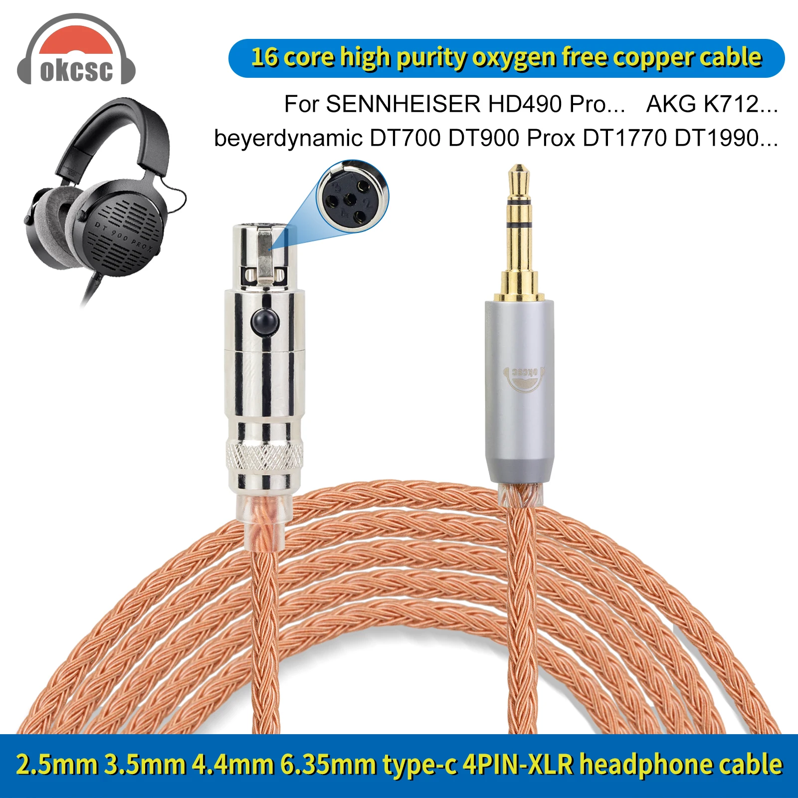 OKCSC 16 Core Standard Balance Headphone Cable for SENNHEISER HD490 Pro AKG K712 Beyerdynamic DT700 DT900 Prox DT1770 DT1990