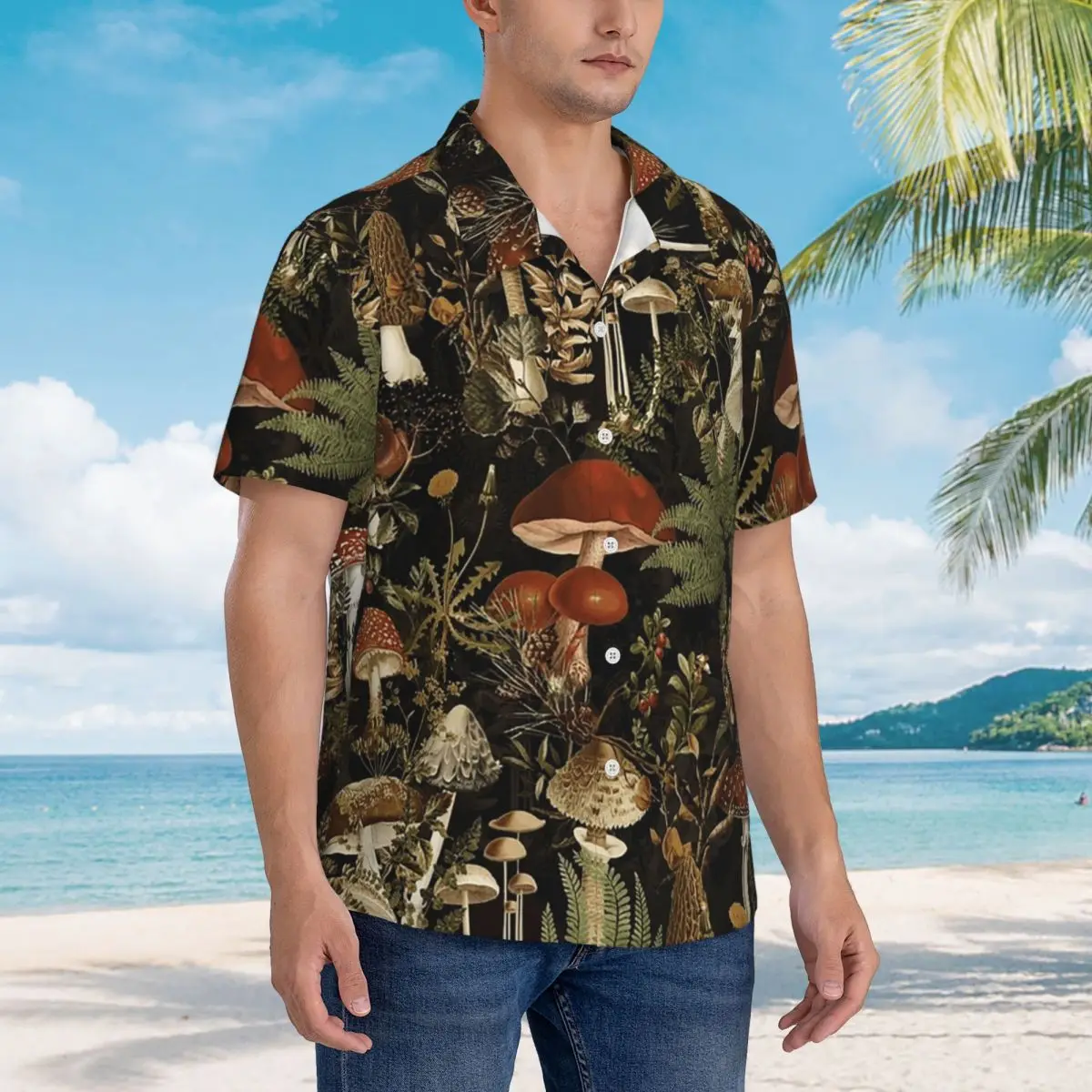 

Midnight Mushrooms Forest Botanical Night Garden Hawaiian Shirts Casual Men Short Sleeve Shirt for Summer Beach Men's Lapel Tops