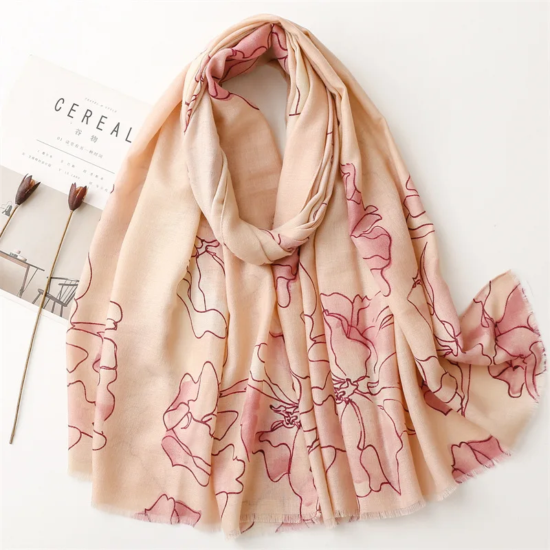 

2023 New Women Cotton Flower Pattern Fringe Shawls Scarf Long Floral Print Blossom Soft Wrap Hijab Free Shipping