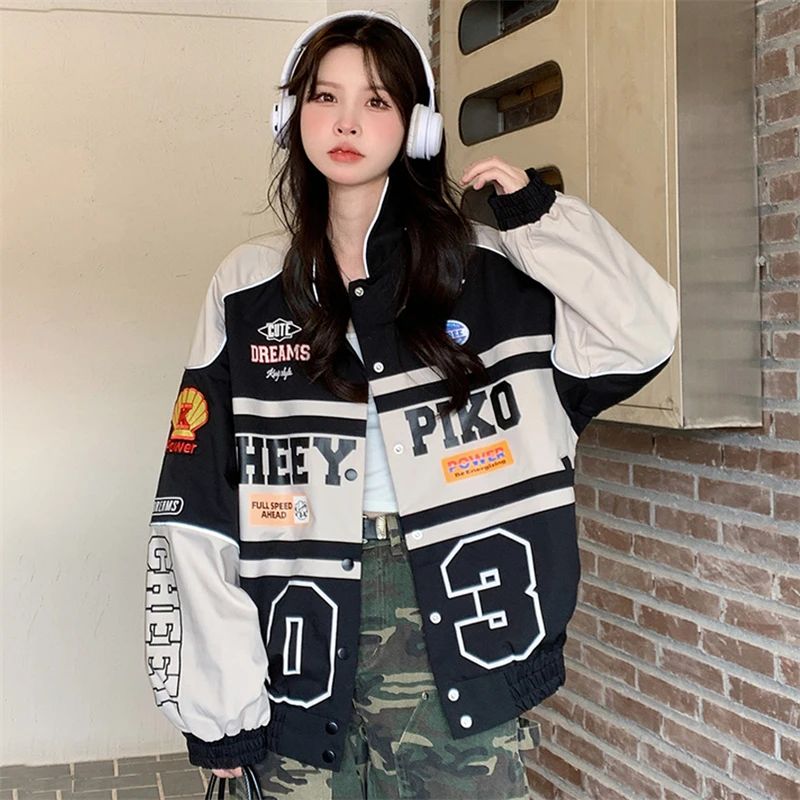 Spring Autumn American Retro Coat Motorcycle Casual Baseball Coat Loose Coat Female Alphabet Splicing Street Style Racing Trend