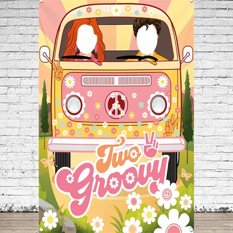 Photography Backdrop Hippie Bus Photo Prop Two Groovy Banner Hippie Selfie Birthday Party Decor Background Wall Poster