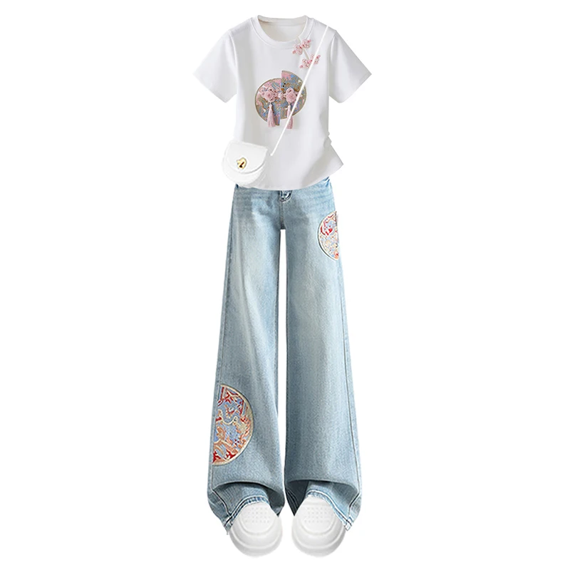 Nuevo verano chino Sle mujer Faion Set camiseta bordado Denim Jeans conjunto de dos piezas tendencia nacional redondo Ne ort Sl...