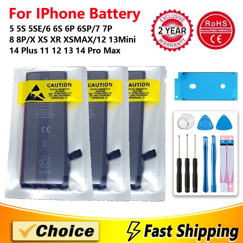 1Pc Original Battery For iPhone 5 5S 6 6S 7 8 14 Plus 12 13 Mini X XR XS 11 12 13 14 Pro Max Phone Replacement Batteries+Tools