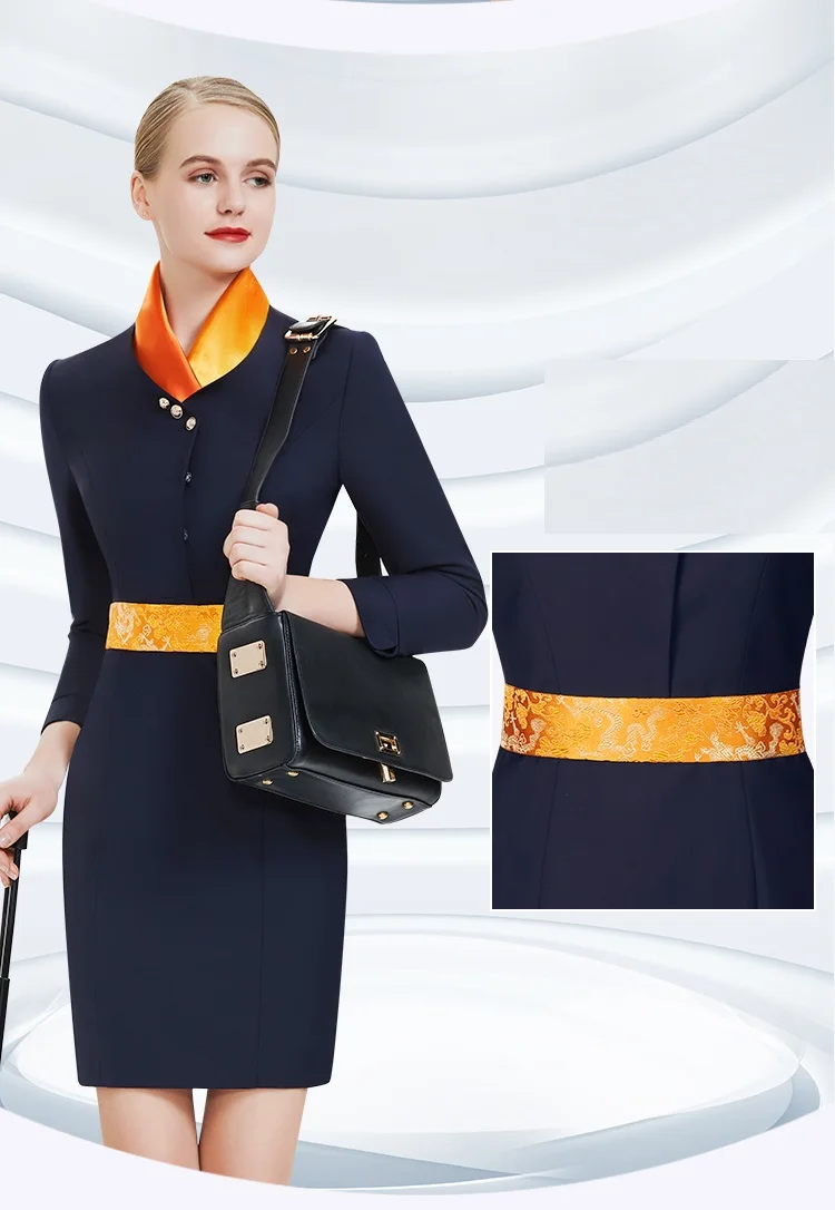 Tenue d'hôtesse de l'air professionnelle imbibée pour femme, vêtements de travail de bureau, uniformes d'aviation, robe bleu marine, nouvelle compagnie aérienne