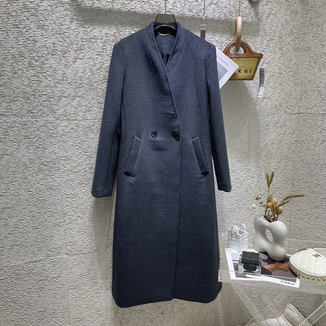 

EVACANDIS Women Classic Solid Luxury Autumn Winter New Wool Long Coat Vintage V-Neck Double Buttons Tunic Elegant Chic Solid