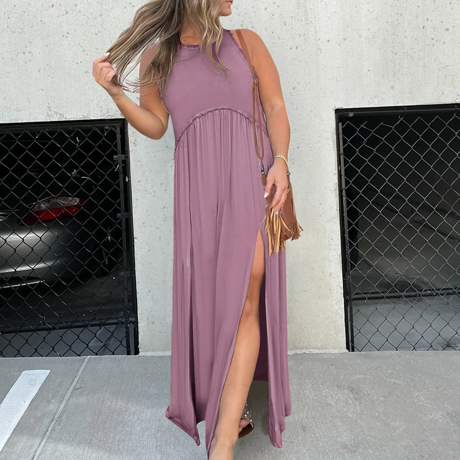 

Women Summer Dresses Maxi Dress Slit Solid Color Casual Loose Long Dress Lace Flowy Sundress Sleeveless Beach Dress Vestidos