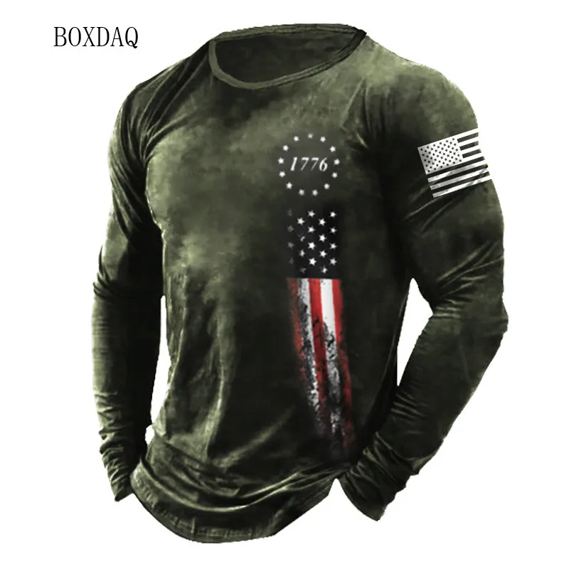 Amerikanische Flagge Muster Männer T-Shirts Frühling Herbst Langarm 3D-Druck Street Fashion T-Shirt 6xl plus Größe männliche Kleidung lässige Tops