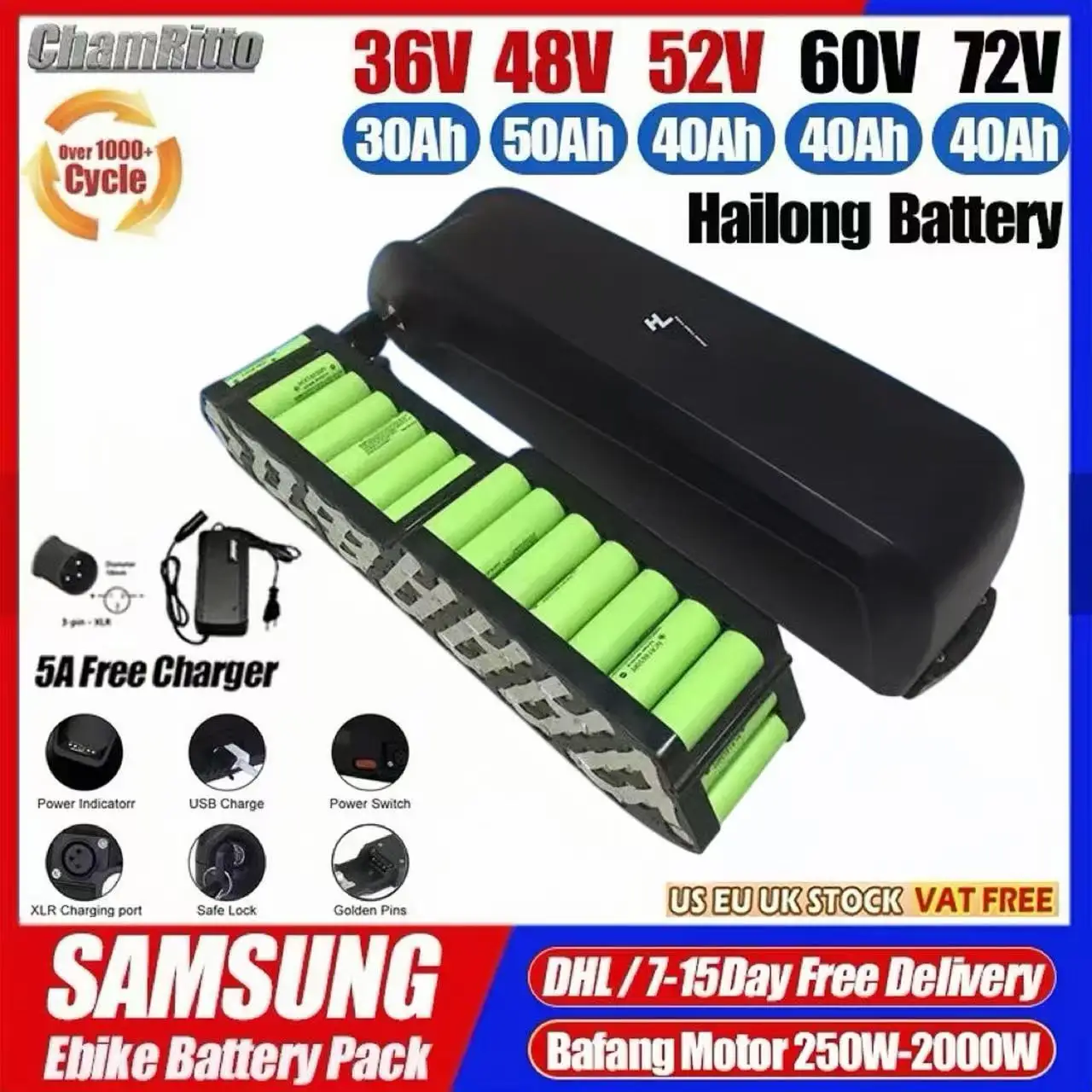 

Hailong cham rider battery36v 48v 52v 20ah 24ah 30ah 50ah 60ah Batterie 60v 72v Electrique E bike 40ah Akumulator 2000w Battery