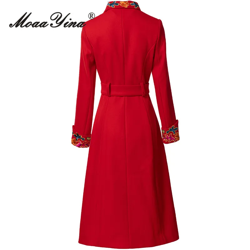 2024 Luxury Brand High Quality Autumn/winter Coat Women Turn-down Collar Single-breasted Lace-up Tunic Embroidery Overcoat