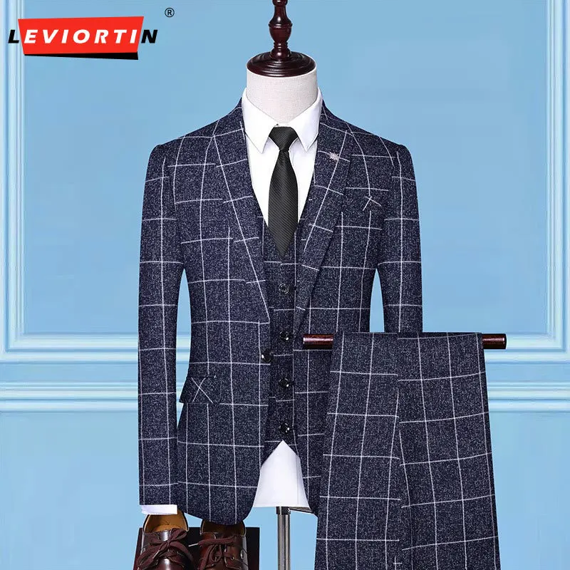 ( Suit+Vest+Pants) 2023 Spring Men\'s Tailcoat Plaid Suit/Men\'s Slim Fit Plaid Three Piece Work Suit Business Suit Men\'s S-4XL